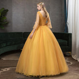 Women's Evening Dress Ball Gown Princess Quinceanera Wedding Dresses Deep V-neck Golden Yellow Evening