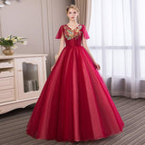 Women's Evening Dress Ball Gown Princess Quinceanera Wedding Dresses Wine Red Deep V-neck Performance Tulle Tutu Dress