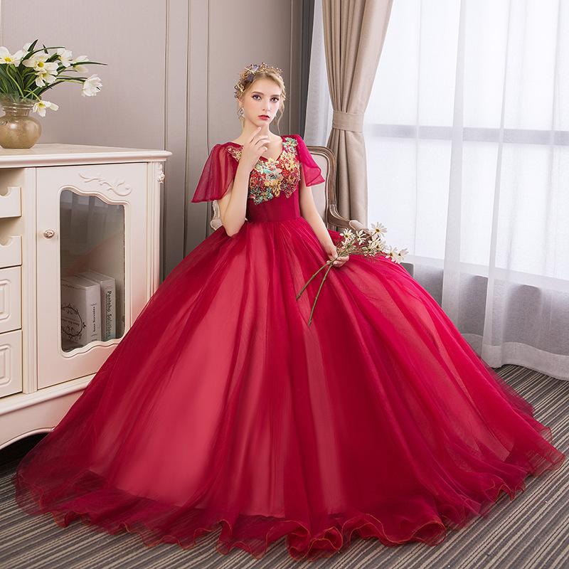 Women's Evening Dress Ball Gown Princess Quinceanera Wedding Dresses Wine Red Deep V-neck Performance Tulle Tutu Dress