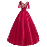 Women's Evening Dress Ball Gown Princess Quinceanera Wedding Dresses Wine Red Deep V-neck Performance Tulle Tutu Dress