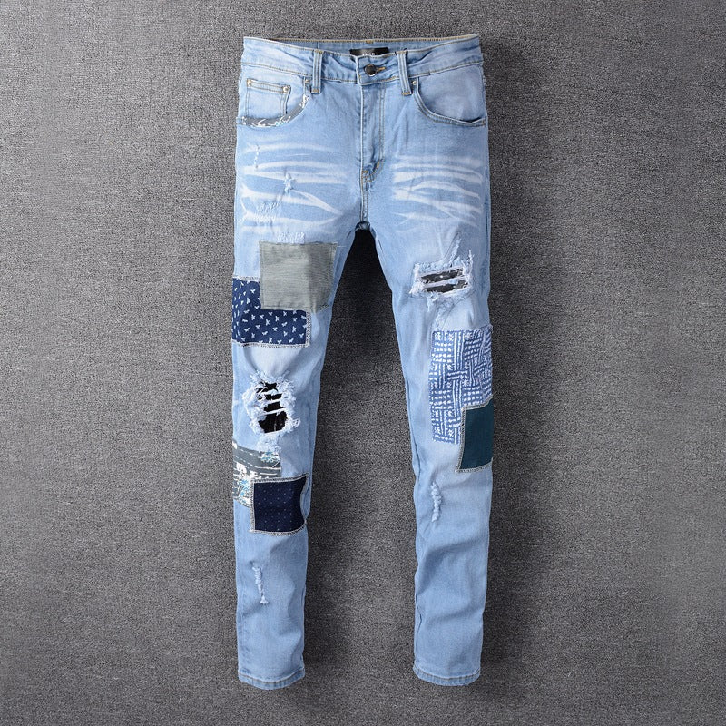 Women Patchwork Jeans Light Color Ripped Jeans