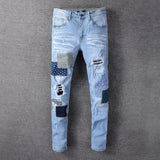 Women Patchwork Jeans Light Color Ripped Jeans