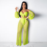 See through Pants Suit Women's Summer Hollow out Wide Leg Pants Beachwear
