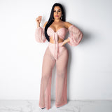 See through Pants Suit Women's Summer Hollow out Wide Leg Pants Beachwear
