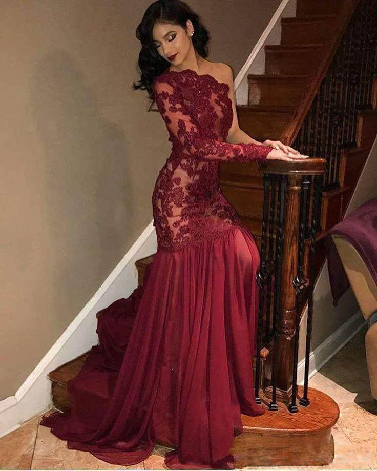 Burgundy Dresses for Wedding Lace One Shoulder Long Sleeve Evening Dress Large Swing Dress