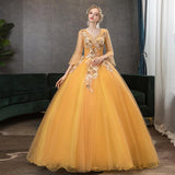 Women's Evening Dress Ball Gown Princess Quinceanera Wedding Dresses Deep V-neck Golden Yellow Evening