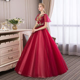 Women's Evening Dress Ball Gown Princess Quinceanera Wedding Dresses Wine Red Deep V-neck Performance Tulle Tutu Dress