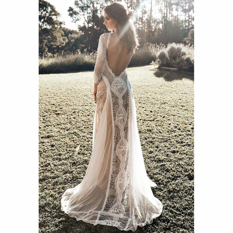 Bohemian Coachella Outfits Banquet round Neck Long Sleeve Printed Backless Lace