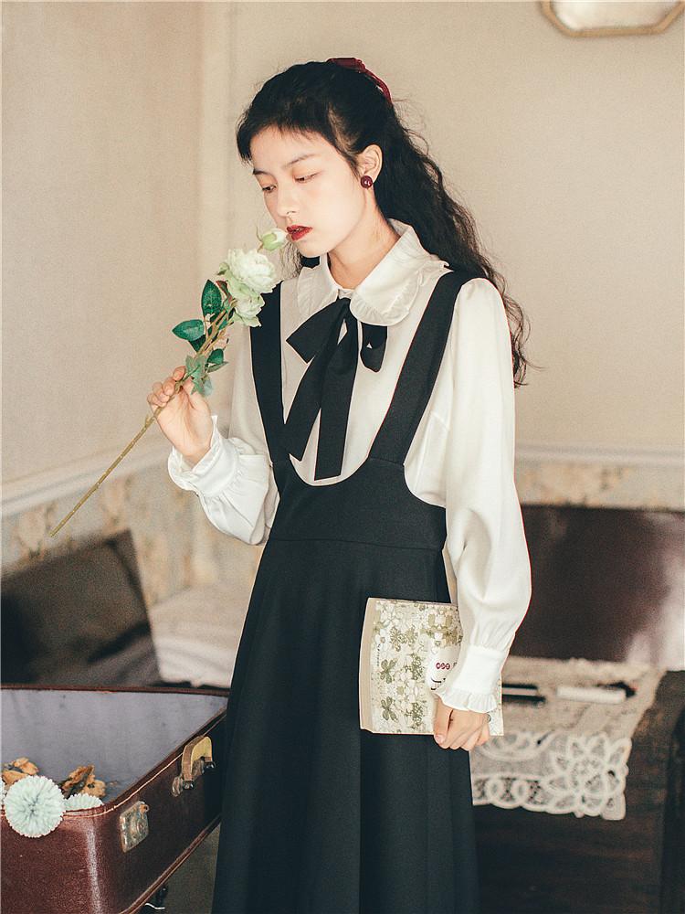 Autumn Winter Retro White Shirt Black Suspender Dress Long Sleeve Two Piece Set 2 Piece Set Cottagecore Academia Fashion Dresses