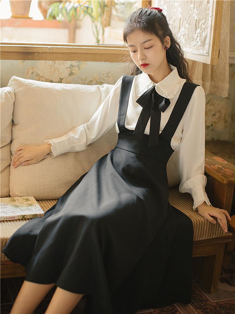 Autumn Winter Retro White Shirt Black Suspender Dress Long Sleeve Two Piece Set 2 Piece Set Cottagecore Academia Fashion Dresses