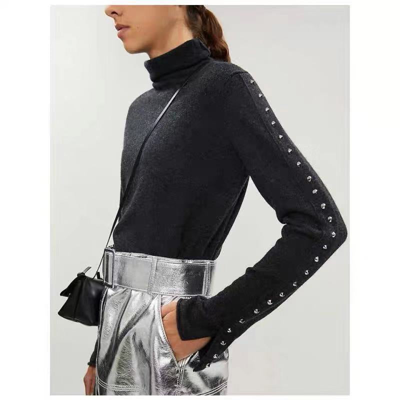 The Rock Turtleneck Rock Style Decorative Rivets Half Turtleneck Wool Cashmere Blended Knitted Bottoming Shirt
