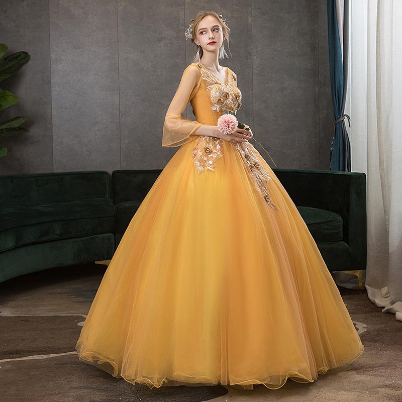 Women's Evening Dress Ball Gown Princess Quinceanera Wedding Dresses Deep V-neck Golden Yellow Evening