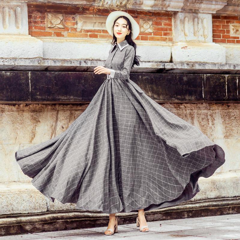 Spring and Autumn Long-Sleeved Plaid Dress Large Swing Dress Gray Retro Vintage Cottagecore Aesthetic Flowy Victoria Cottage Core Dress