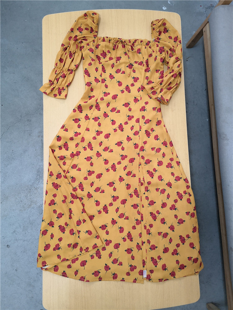 Spring And Summer Square Collar Long Sleeve Floral Milkmaid Dress