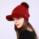 Women Winter Hats Women's Autumn and Winter Peaked Cap Big Fur Ball Knitted Woolen Cap