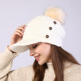 Women Winter Hats Women's Autumn and Winter Peaked Cap Big Fur Ball Knitted Woolen Cap