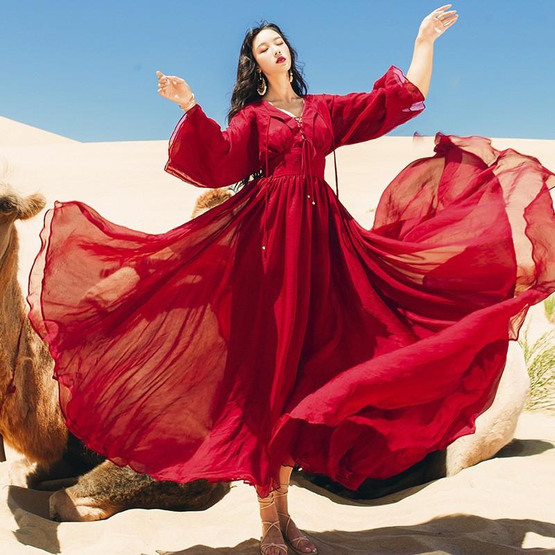 Autumn and Winter Long Sleeve Big Hem d Bohemia Retro Vintage Cottagecore Aesthetic Flowy Victoria Cottage Core Boho Dress