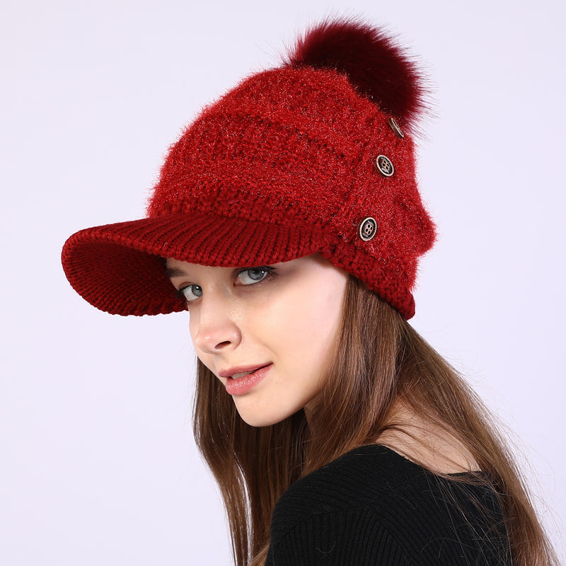 Women Winter Hats Women's Autumn and Winter Peaked Cap Big Fur Ball Knitted Woolen Cap