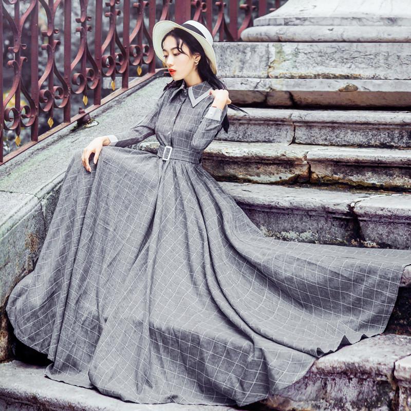 Spring and Autumn Long-Sleeved Plaid Dress Large Swing Dress Gray Retro Vintage Cottagecore Aesthetic Flowy Victoria Cottage Core Dress