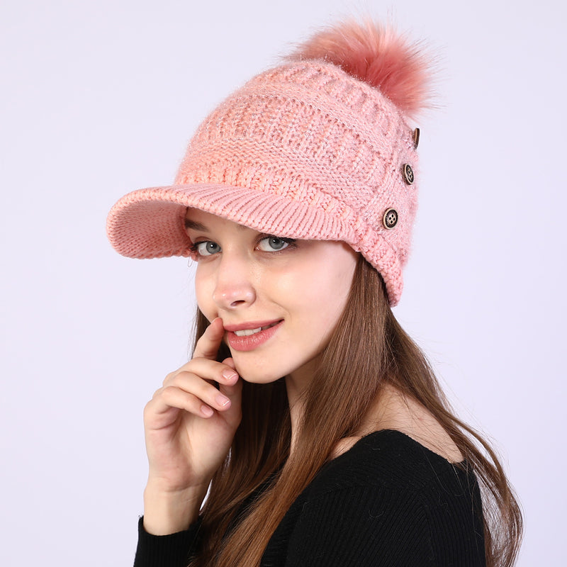 Women Winter Hats Women's Autumn and Winter Peaked Cap Big Fur Ball Knitted Woolen Cap