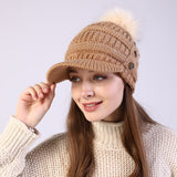 Women Winter Hats Women's Autumn and Winter Peaked Cap Big Fur Ball Knitted Woolen Cap