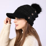 Women Winter Hats Women's Autumn and Winter Peaked Cap Big Fur Ball Knitted Woolen Cap