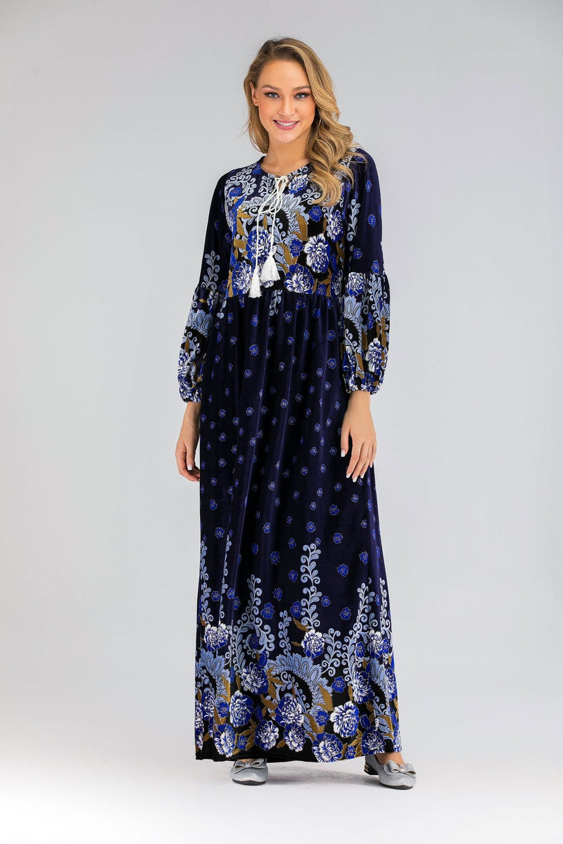 Muslim Women Stylish Kashibo Abaya Muslim Ladies Long Gown Islamic Clothing Jilbab Jalabiya Autumn Winter Gold Velvet Printed Long Sleeve Loose Plus Size Dress