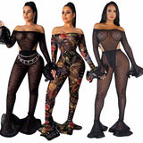 See through Pants Suit Leopard Print Ruffle Suit for Women