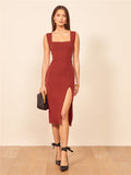 Dress Summer Square Collar Sheath Slim Slit Dress Milkmaid Dress