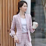 Women Autumn Uniform Designs Formal Style Office Lady Bussiness Attire Work Suit Plaid Blazer Suit