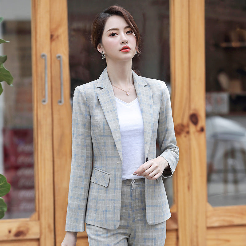 Women Autumn Uniform Designs Formal Style Office Lady Bussiness Attire Work Suit Plaid Blazer Suit