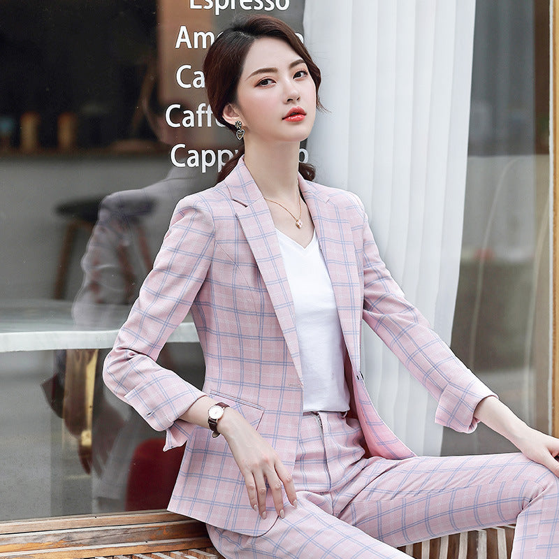 Women Autumn Uniform Designs Formal Style Office Lady Bussiness Attire Work Suit Plaid Blazer Suit