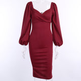Winter Formal Dresses Fall Winter Fashion Puff Sleeves Square Collar Dress Sexy Slim Hip Long Dress for Women