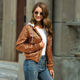 Cute Leather Jacket Winter Fleece-Lined Thickened Hooded Leather Coat