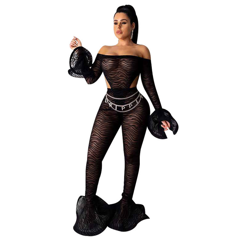 See through Pants Suit Leopard Print Ruffle Suit for Women