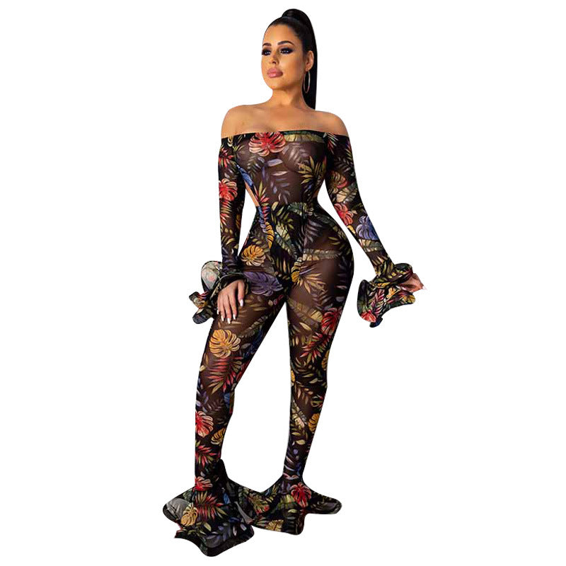 See through Pants Suit Leopard Print Ruffle Suit for Women