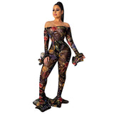 See through Pants Suit Leopard Print Ruffle Suit for Women