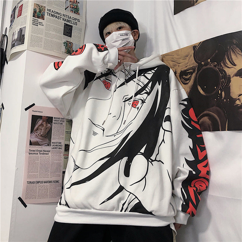Itachi Uchiha Costume Autumn and Winter Anime Fire Shadow Dark Skunk Character Sharingan Print Couple Velvet Padded Hooded Sweatshirt Female