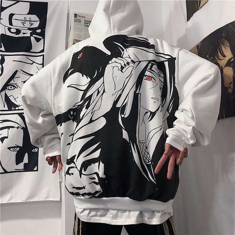 Itachi Uchiha Costume Autumn and Winter Anime Fire Shadow Dark Skunk Character Sharingan Print Couple Velvet Padded Hooded Sweatshirt Female