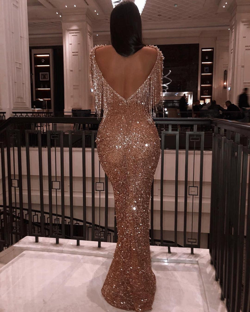 Bohemian Coachella Outfits Long Sleeve Backless Golden Gown