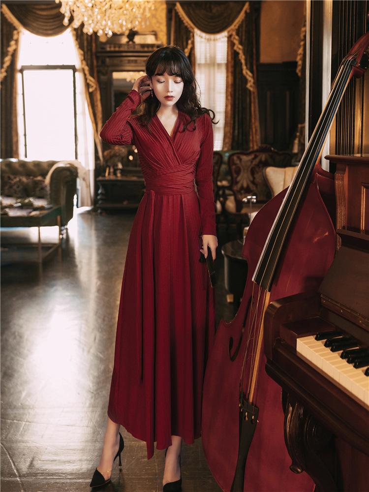 Long Sleeve Dress Autumn Winter Red Waist Slimming Knitted Long Dress RedRetro Vintage Cottagecore Aesthetic Flowy Victoria Cottage Core Dress
