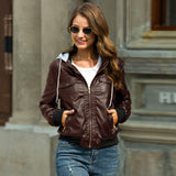 Cute Leather Jacket Winter Fleece-Lined Thickened Hooded Leather Coat