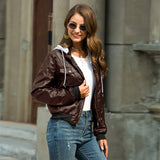 Cute Leather Jacket Winter Fleece-Lined Thickened Hooded Leather Coat