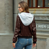 Cute Leather Jacket Winter Fleece-Lined Thickened Hooded Leather Coat