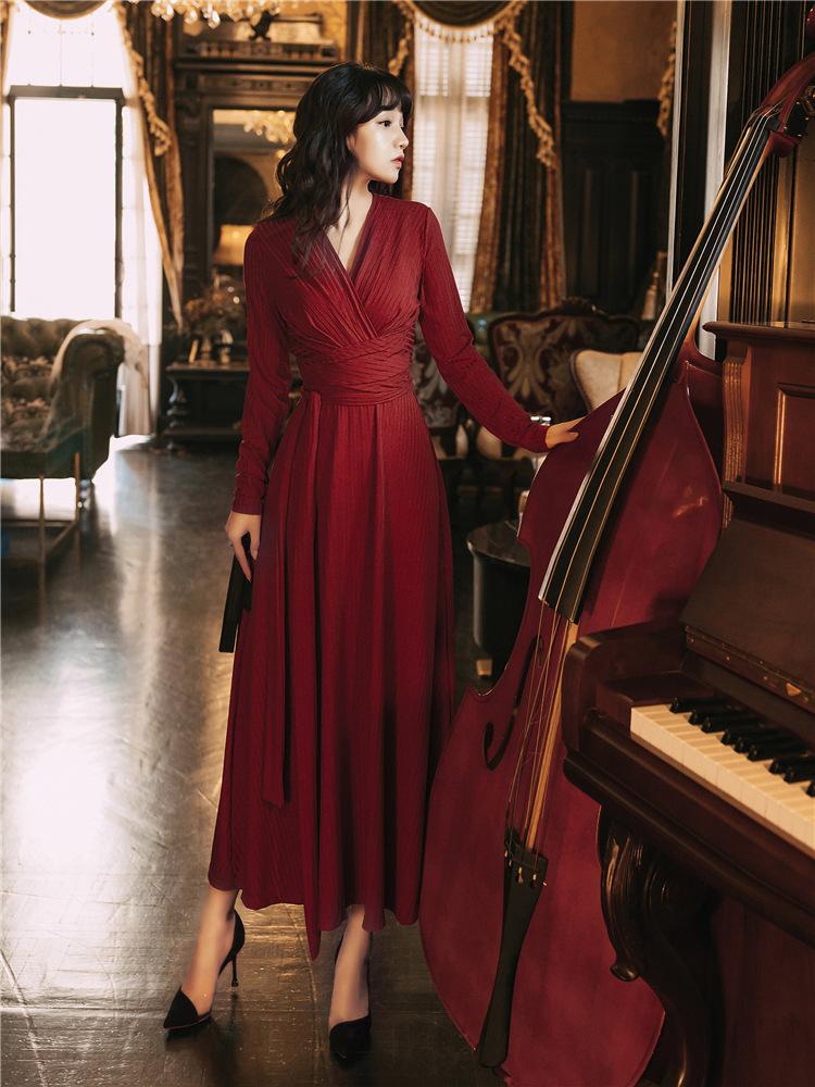 Long Sleeve Dress Autumn Winter Red Waist Slimming Knitted Long Dress RedRetro Vintage Cottagecore Aesthetic Flowy Victoria Cottage Core Dress