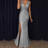 Bohemian Chic Wedding Guest Dress Split Sequins Dress Long Dress Evening Gown