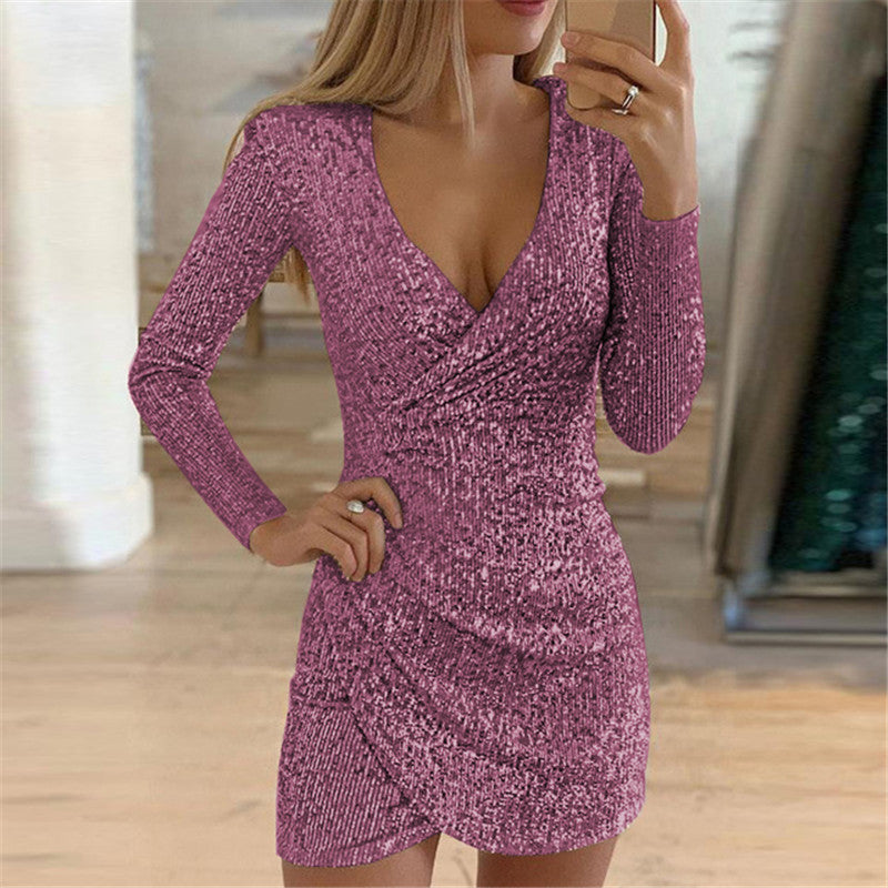Winter Formal Dresses Autumn Winter Sexy V-neck Hip Irregular Skirt Sequins Dress Women's Gown