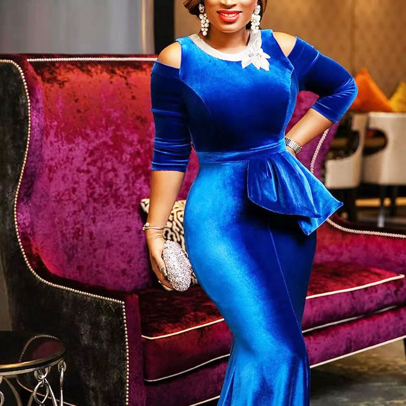 Bohemian Chic Wedding Guest Dress Gold Velvet Slim Off-The-Shoulder Irregular Evening Dress