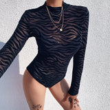 Winter Formal Dresses Irregular Striped Top Fall Winter Fashion Sexy See-through Long Sleeves Slim Fit Base Bodysuit