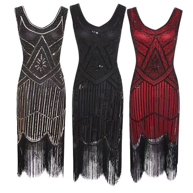 1920S Dress Vintage Sequined Tassel Dress Beaded Tassel Dress